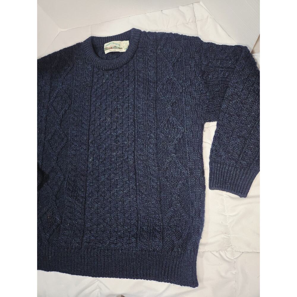 Aran Crafts Sweater Mens L Navy Cable Blue Knit 100% Merino Wool Ireland Fisher